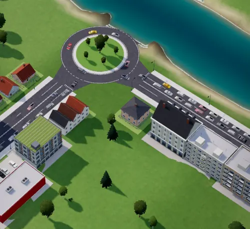 Commutopia on an unfolded foldable: a riverside city with a roundabout and new neighbourhoods