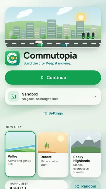 The main menu: continue, sandbox and the three biomes